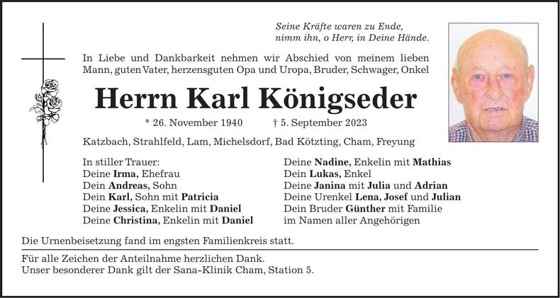 Traueranzeige Karl Königseder