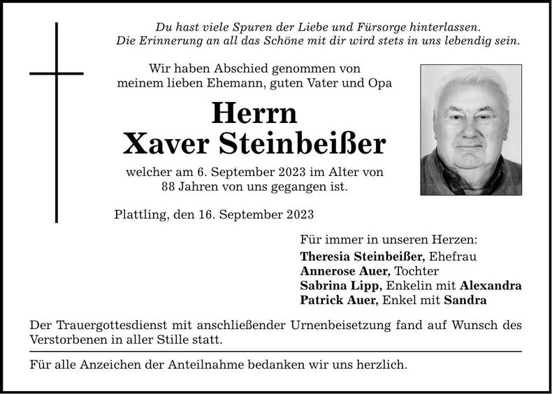 Traueranzeige Xaver Steinbeißer
