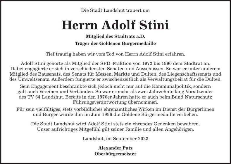 Traueranzeige Adolf Stini