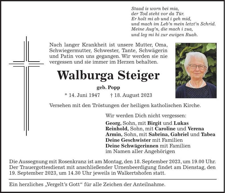 Traueranzeige Walburga Steiger