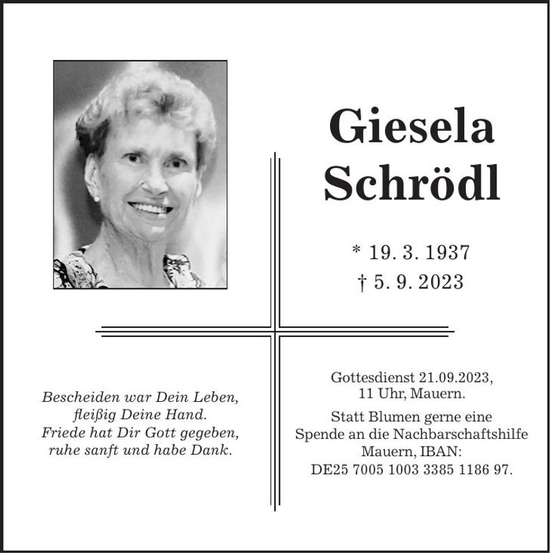 Traueranzeige Giesela Schrödl