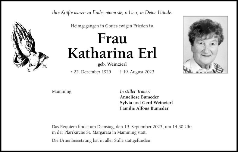 Traueranzeige Katharina Erl