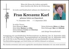 Traueranzeige Kreszenz Karl
