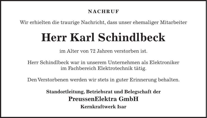 Traueranzeige Karl Schindlbeck