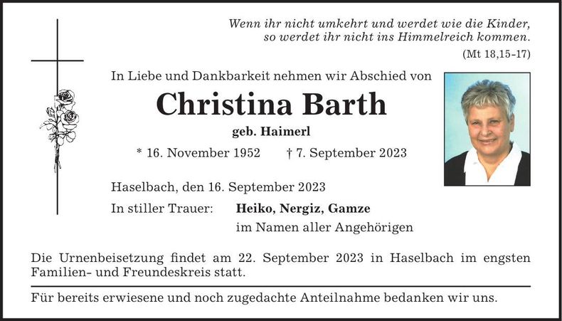Traueranzeige Christina Barth