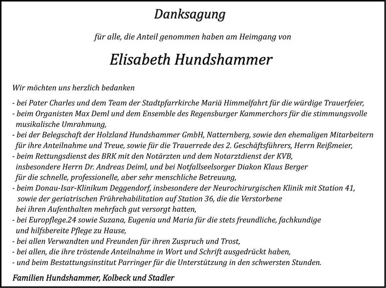 Traueranzeige Elisabeth Hundshammer