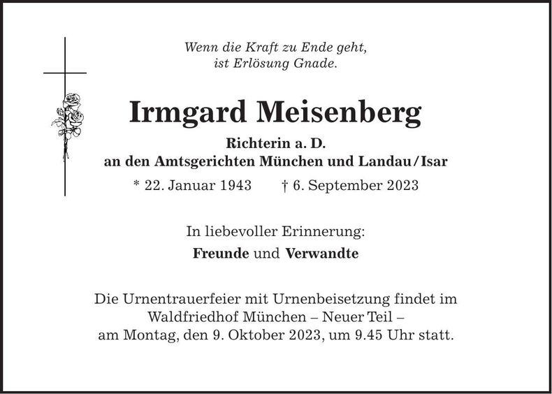 Traueranzeige Irmgard Meisenberg