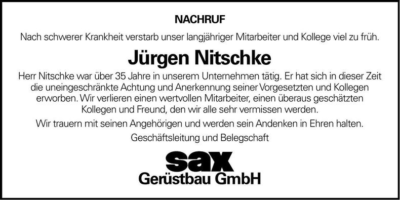 Traueranzeige Jürgen Nitschke