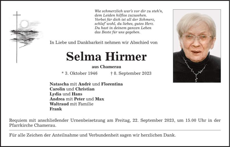 Traueranzeige Selma Hirmer
