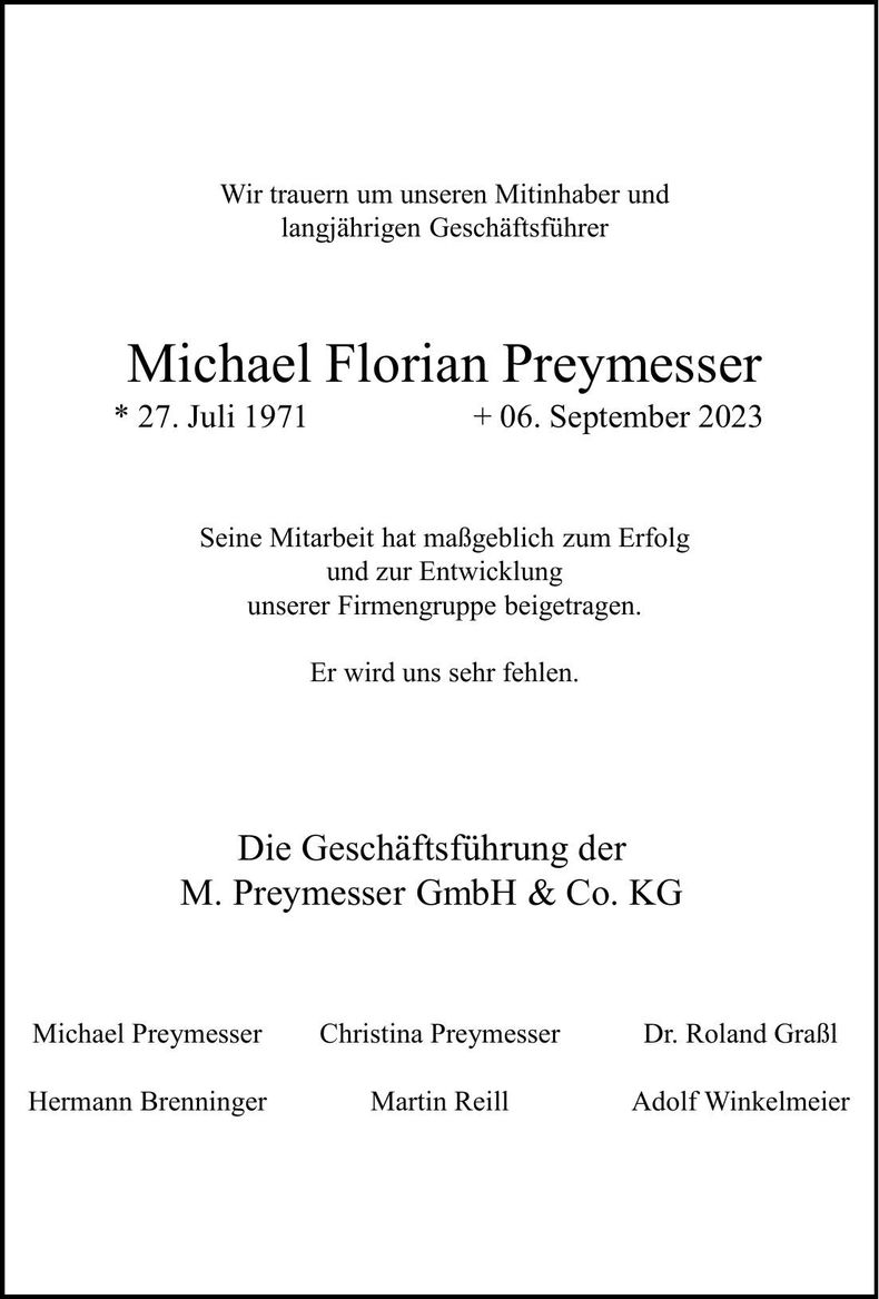 Traueranzeige Florian Preymesser