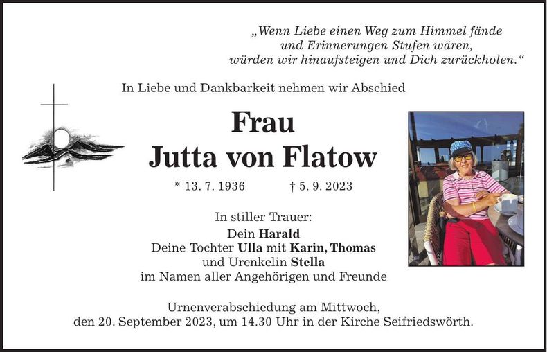 Traueranzeige Jutta von Flatow