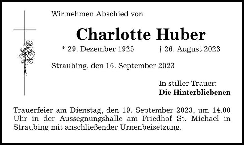 Traueranzeige Charlotte Huber