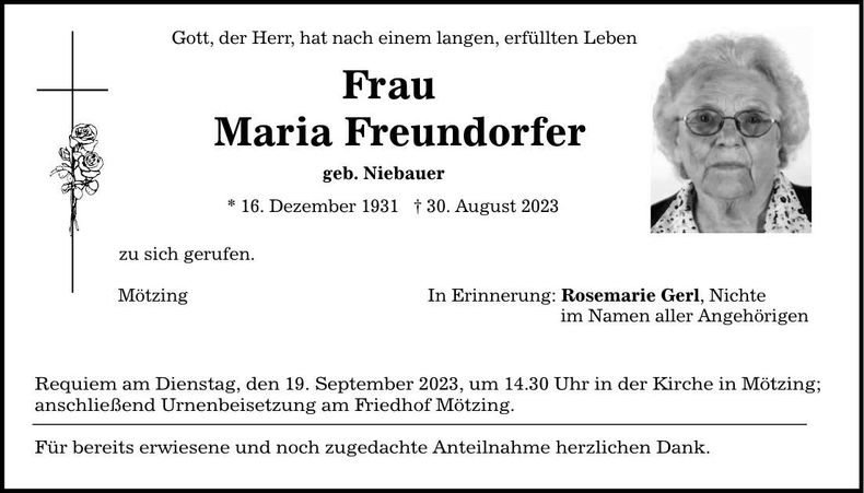 Traueranzeige Maria Freunddorfer