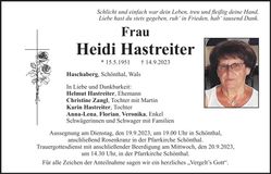 Traueranzeige Heidi Hastreiter