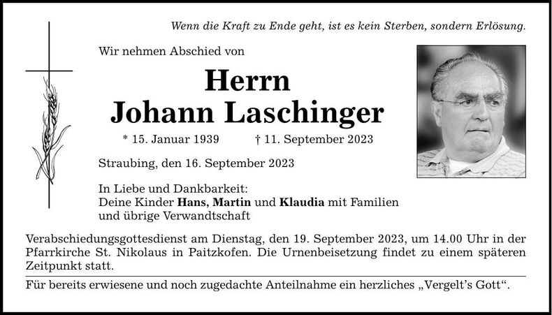 Traueranzeige Johann Laschinger