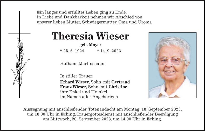 Traueranzeige Theresia Wieser