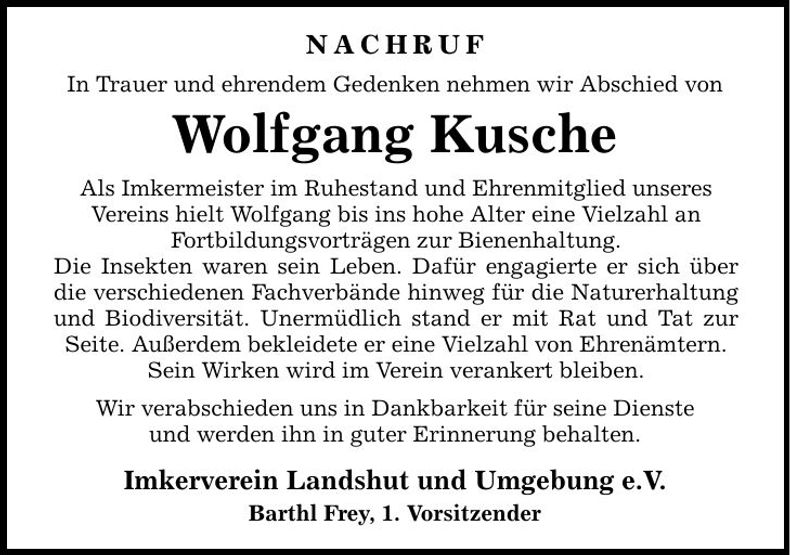 Traueranzeige Wolfgang Kusche