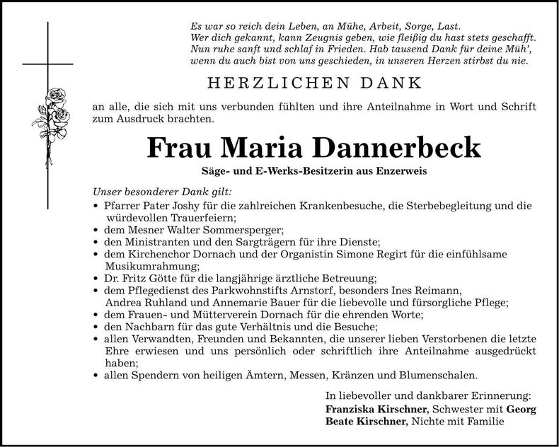 Traueranzeige Maria Dannerbeck