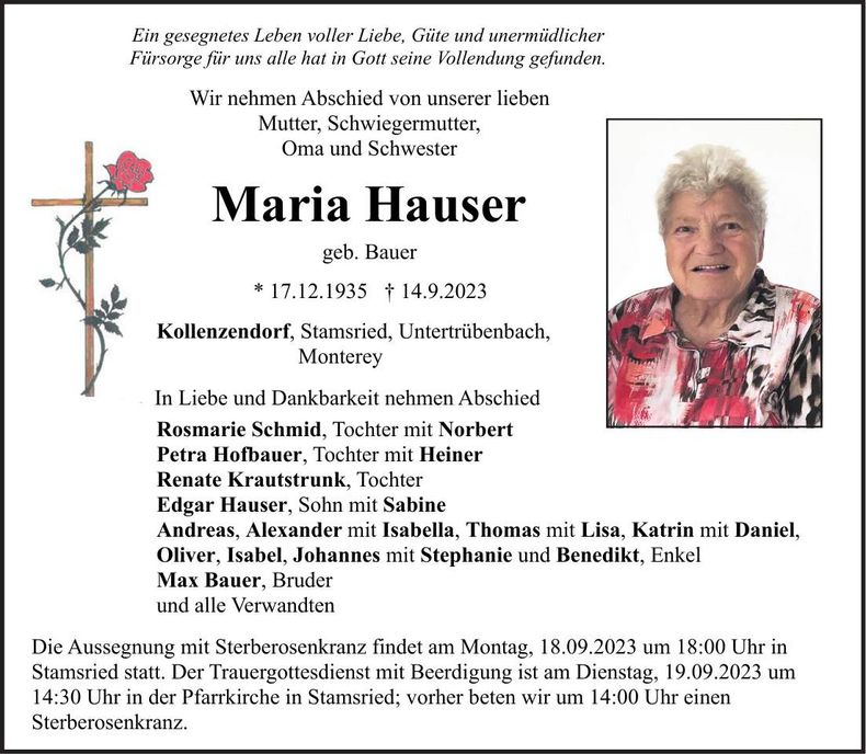 Traueranzeige Maria Hauser