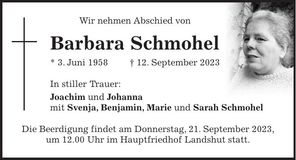 Traueranzeige Barbara Schmohel