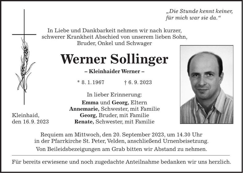 Traueranzeige Werner Sollinger