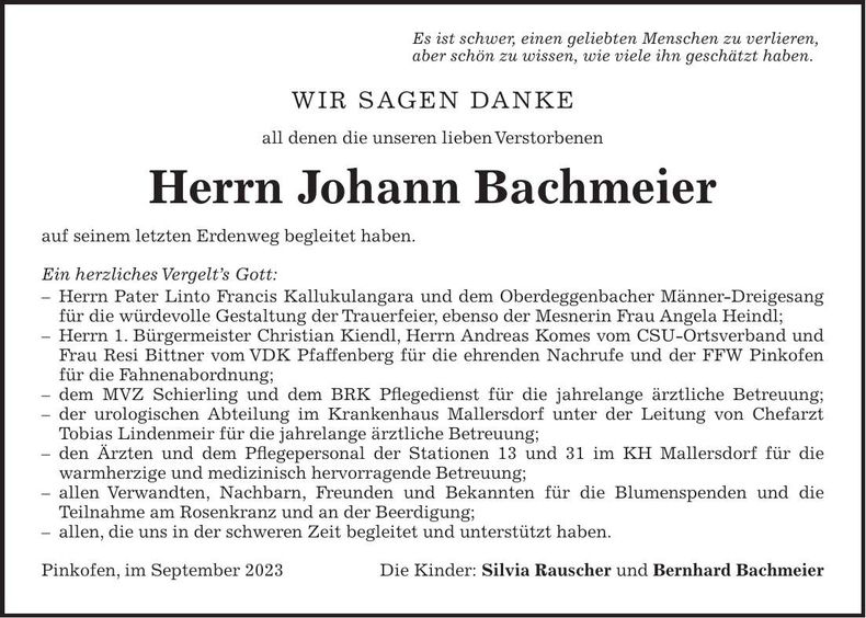 Traueranzeige Johann Bachmeier