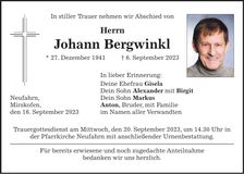 Traueranzeige Johann Bergwinkl