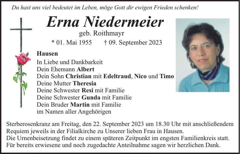 Traueranzeige Erna Niedermeier