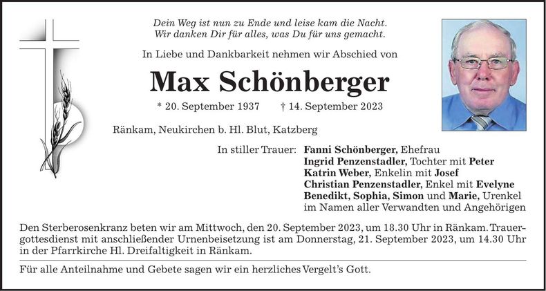 Traueranzeige Max Schönberger