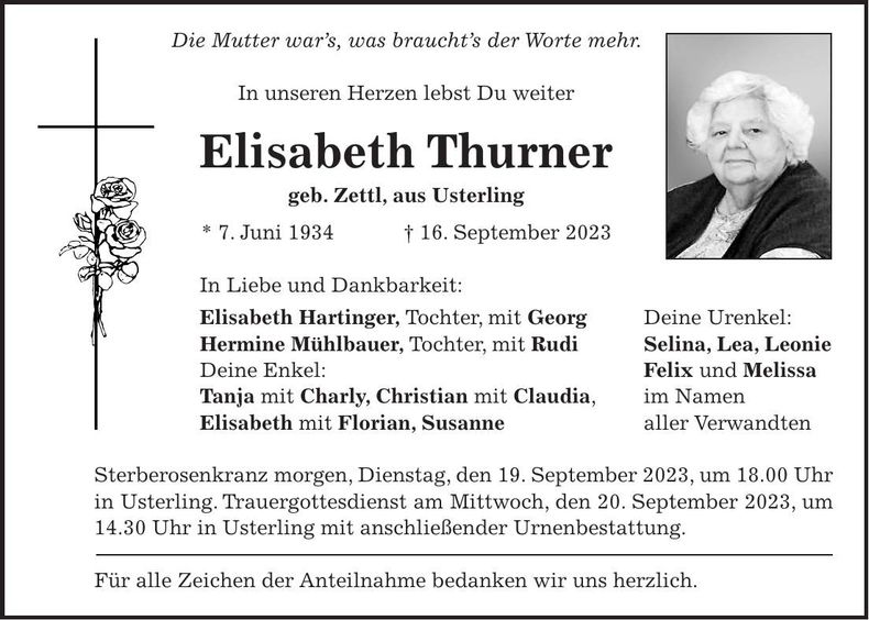 Traueranzeige Elisabeth Thurner