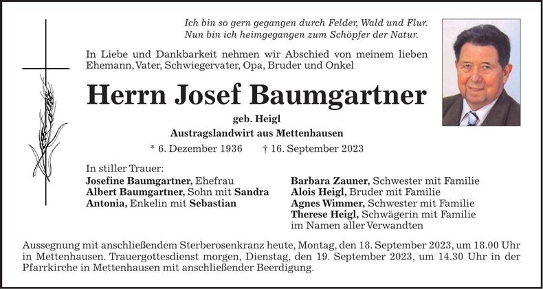 Traueranzeige Josef Baumgartner