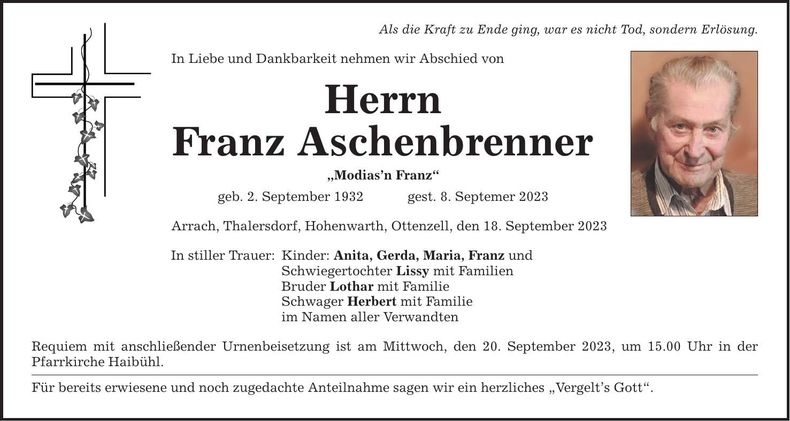 Traueranzeige Franz Aschenbrenner