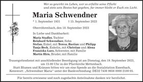 Traueranzeige Maria Schwendner
