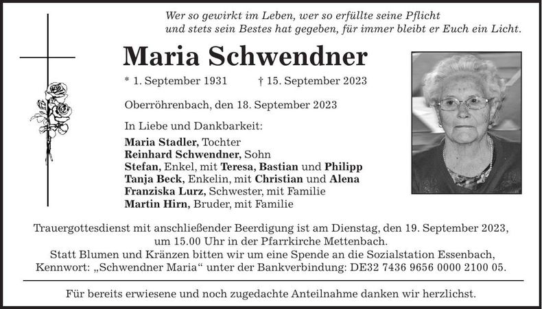 Traueranzeige Maria Schwendner