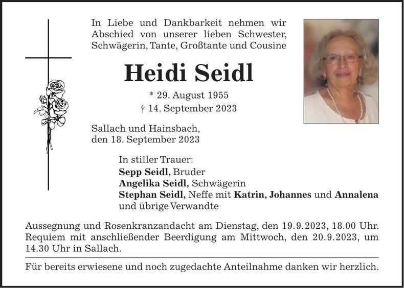 Traueranzeige Heidi Seidl