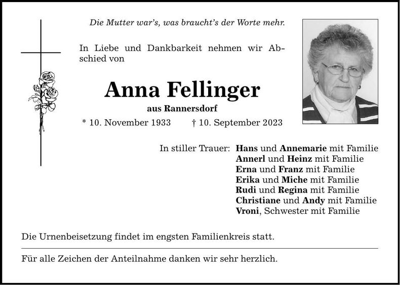 Traueranzeige Anna Fellinger