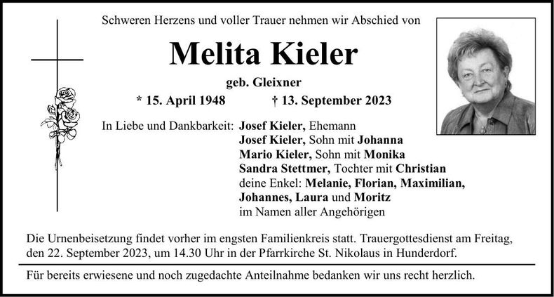 Traueranzeige Melita Kieler