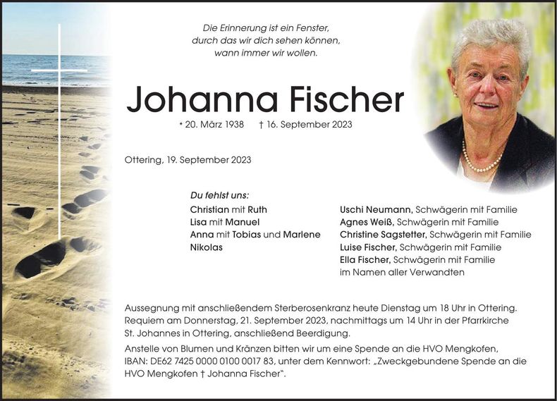Traueranzeige Johanna Fischer