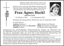 Traueranzeige Agnes Hackl