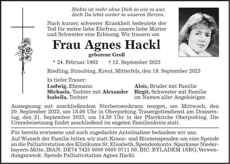 Traueranzeige Agnes Hackl