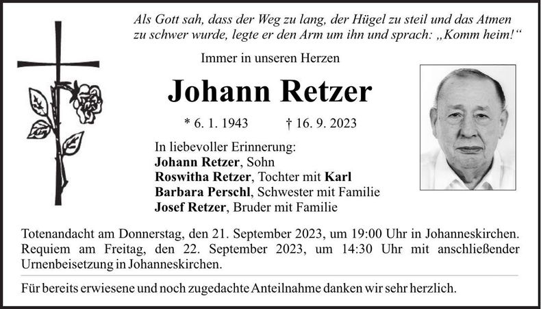 Traueranzeige Johann Retzer