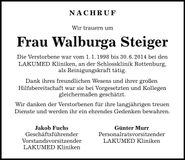 Traueranzeige Walburga Steiger