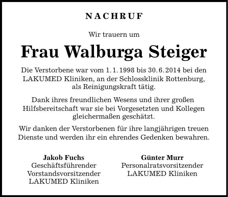 Traueranzeige Walburga Steiger