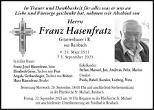Traueranzeige Franz Hasenfratz