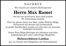 Traueranzeige Max Ramet