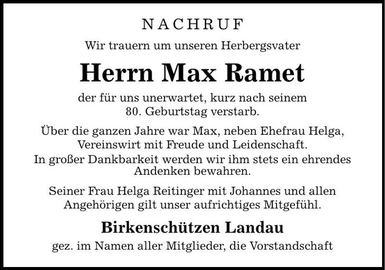 Traueranzeige Max Ramet