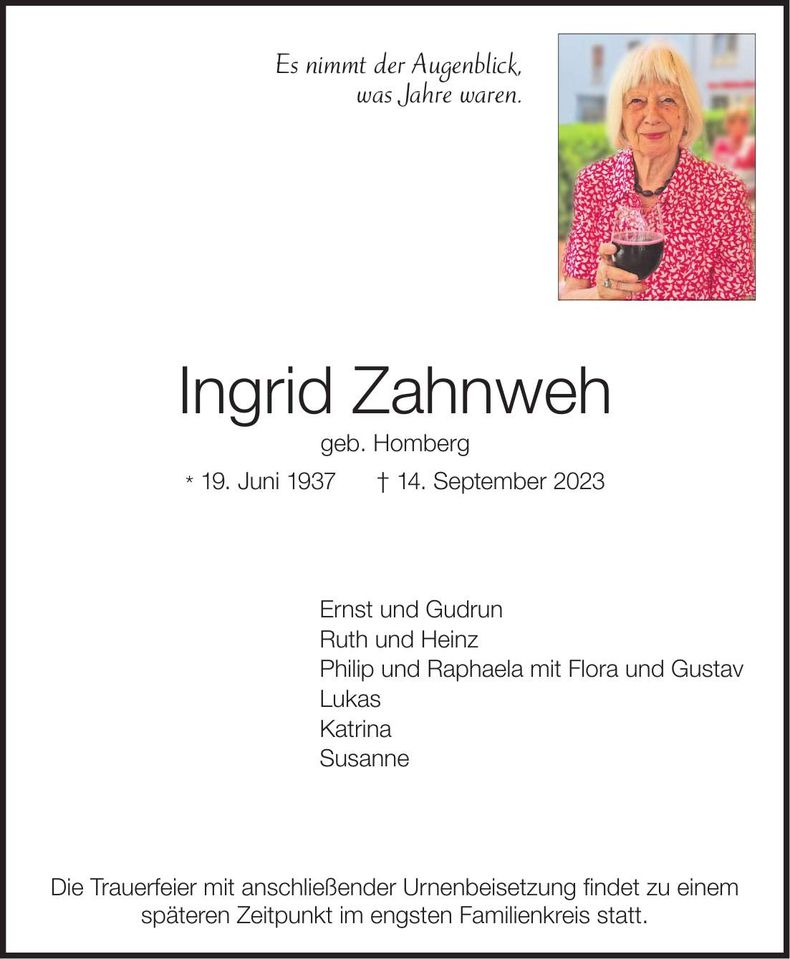 Traueranzeige Ingrid Zahnweh