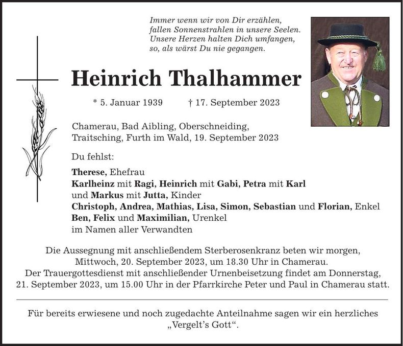 Traueranzeige Heinrich Thalhammer