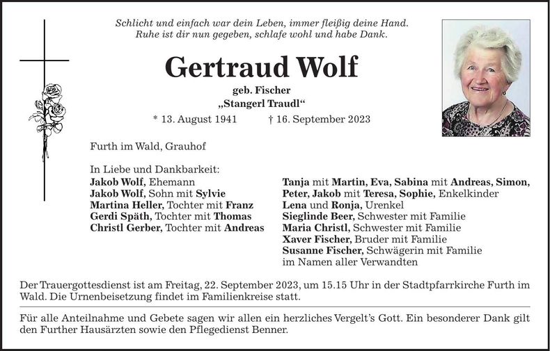 Traueranzeige Gertraud Wolf