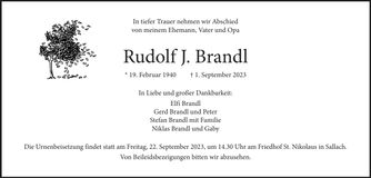 Traueranzeige Rudolf Brandl